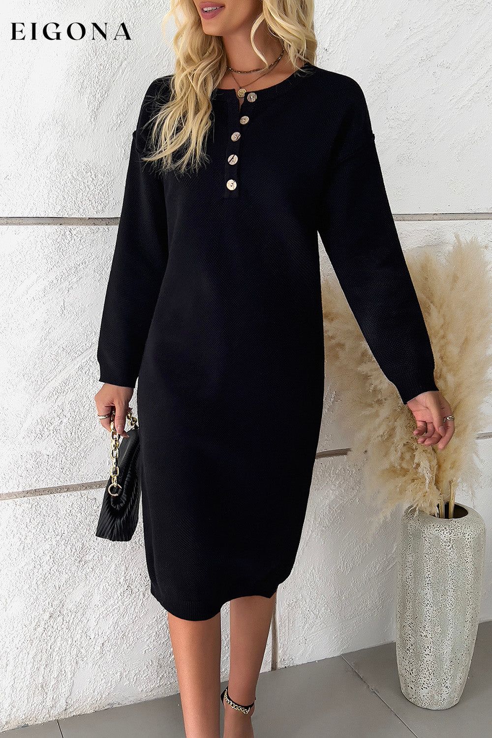 Buttoned Drop Shoulder Sweater Dress, Casual Long Sleeve Dresses Black casual dress casual dresses clothes dresses DY Ship From Overseas Sweater sweater dress sweaters