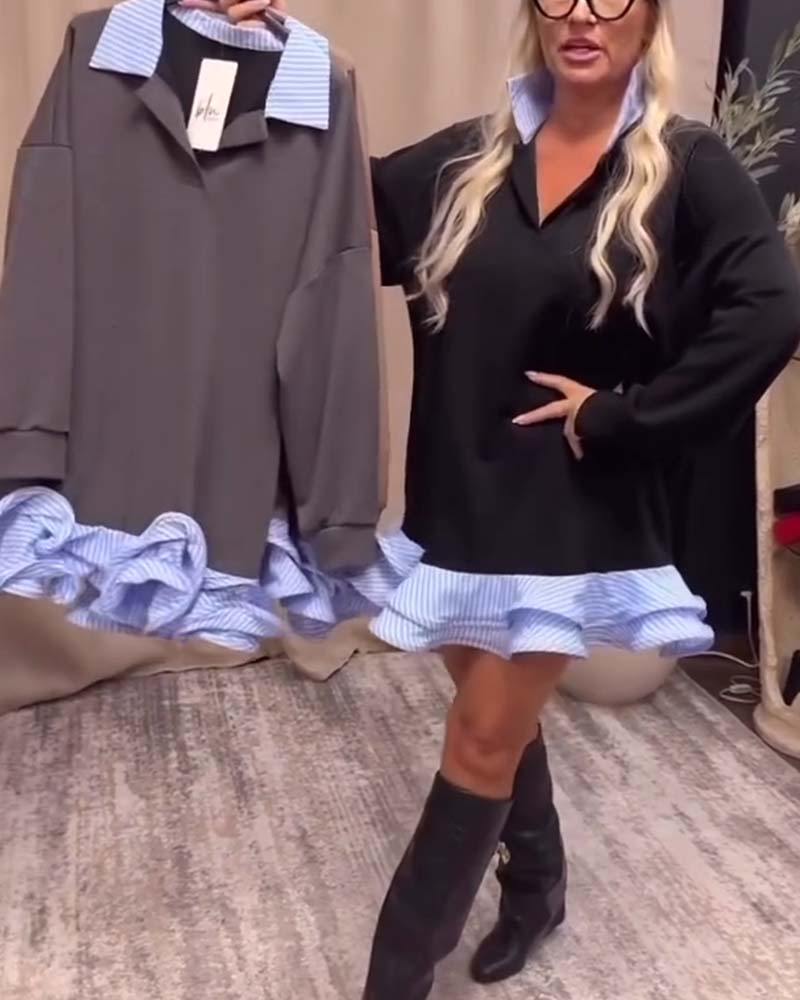 Lapel Patchwork Ruffle Dress