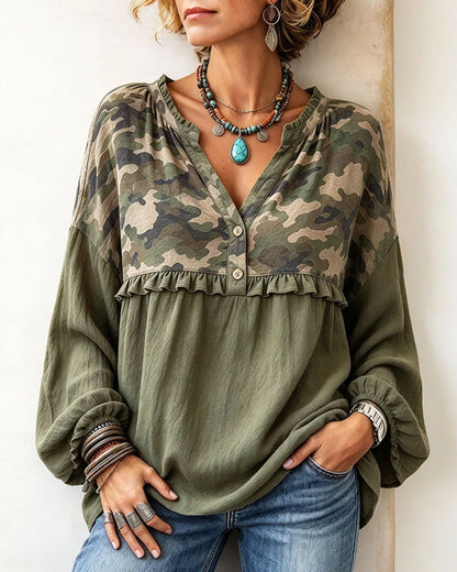Camo Patchwork Ruffle Trim V-Neck Top 2024 f/w blouses & shirts