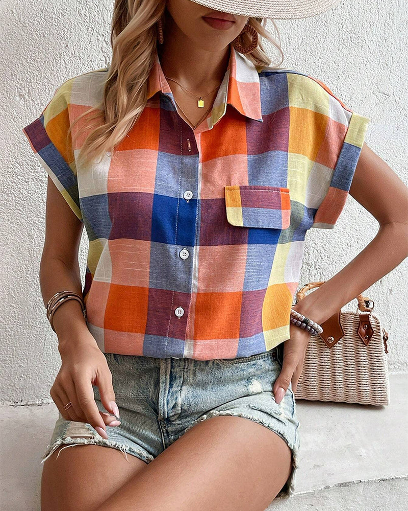 Colorful plaid print casual short-sleeved shirt blouses & shirts summer