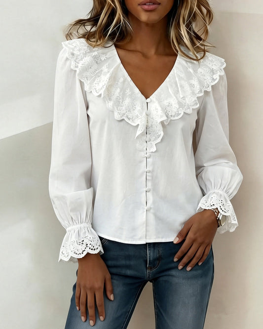V-Neck Lace Trim Single Breasted Blouse blouses & shirts spring summer