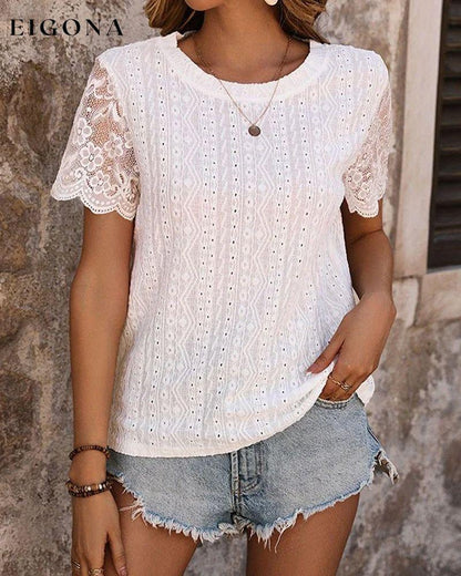 Lace paneled short-sleeve solid color top blouses & shirts spring summer