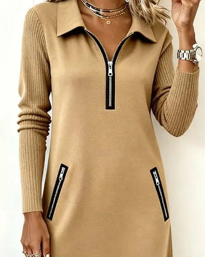 Lapel Zippered Solid A-Line Dress