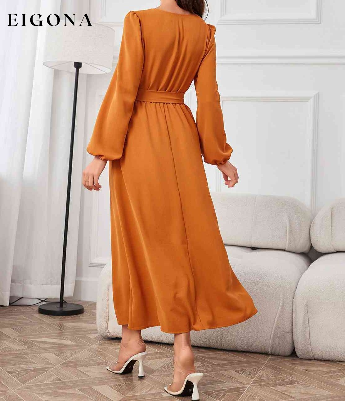 Tie Waist Puff Sleeve Maxi Dress clothes Ship From Overseas Shipping Delay 09/29/2023 - 10/03/2023 Z@Q