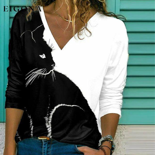 Cat Print Contrast Color T-Shirt Black best Best Sellings clothes Plus Size Sale tops Topseller