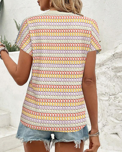 V-Neck Contrast Short-Sleeved Blouse