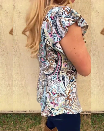 Lotus Leaf Sleeve Hollow Print Blouse