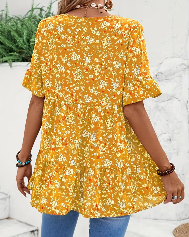 V-Neck Flutter Sleeve Floral Blouse