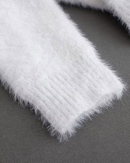 Chain Detail Off-The-Shoulder Fluffy Pullover