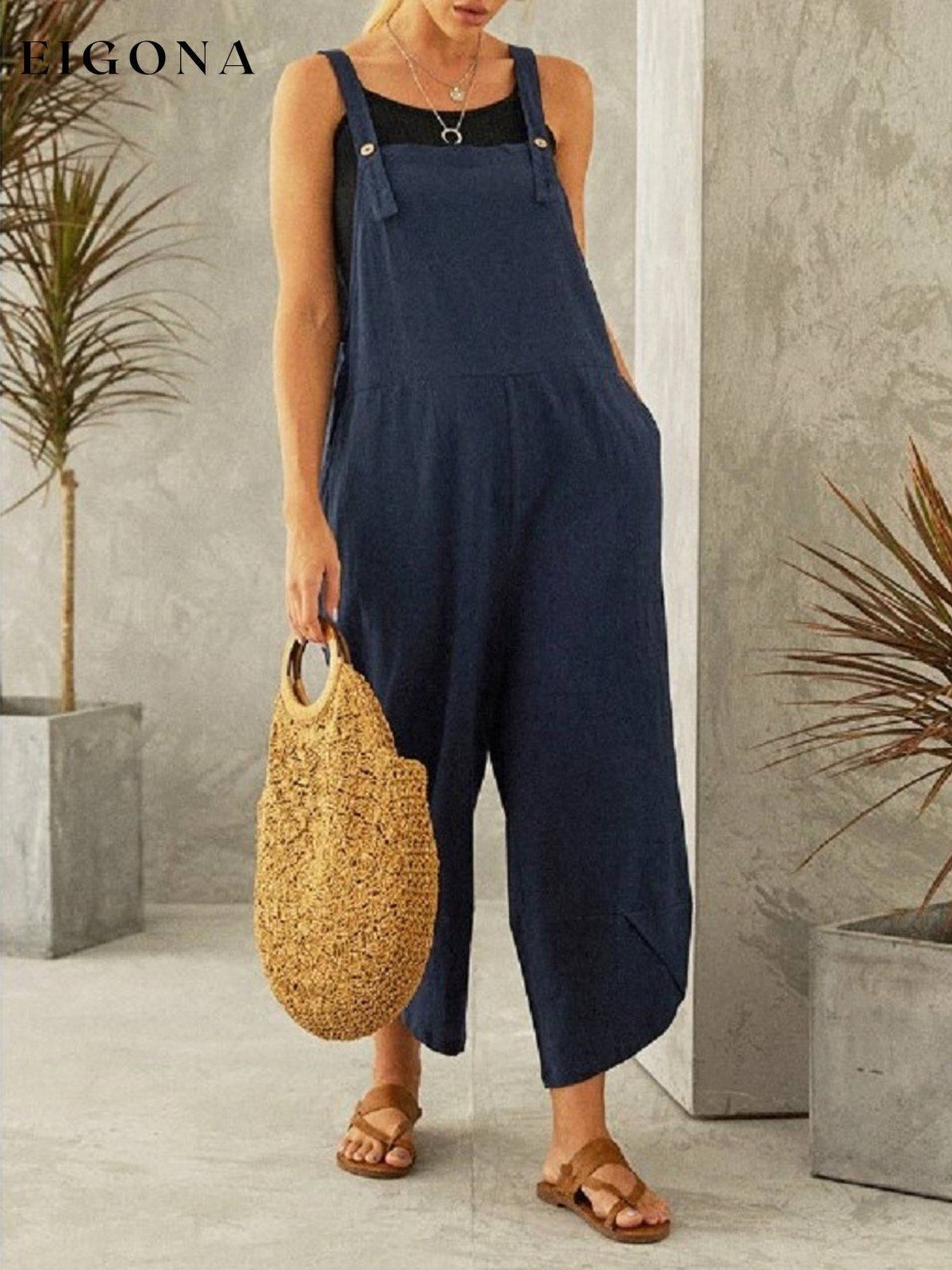 Women's Casual Pure Color Ankle-Length Overalls cotton linens