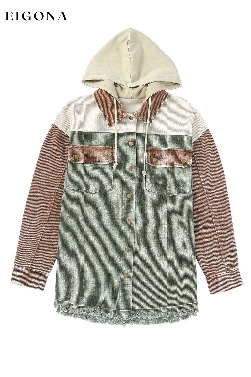 Green Color Block Button Down Hooded Corduroy Jacket All In Stock clothes Color Green Craft Washed DL Chic DL Exclusive Fabric Corduroy Hot picks jacket Jackets & Coats Occasion Daily Print Color Block Season Winter Style Casual