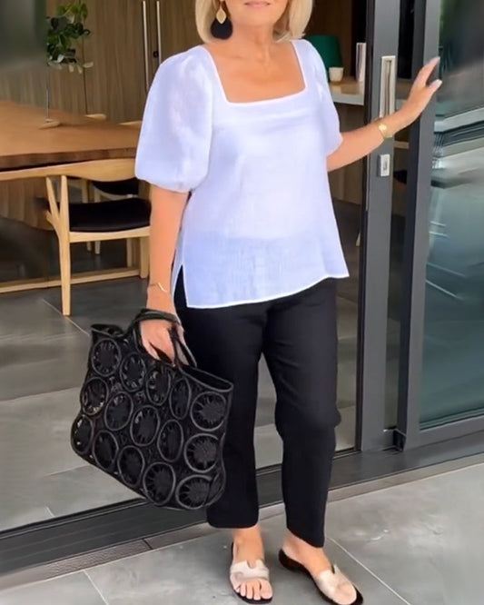 Square Neck Casual Puff Sleeve Blouse