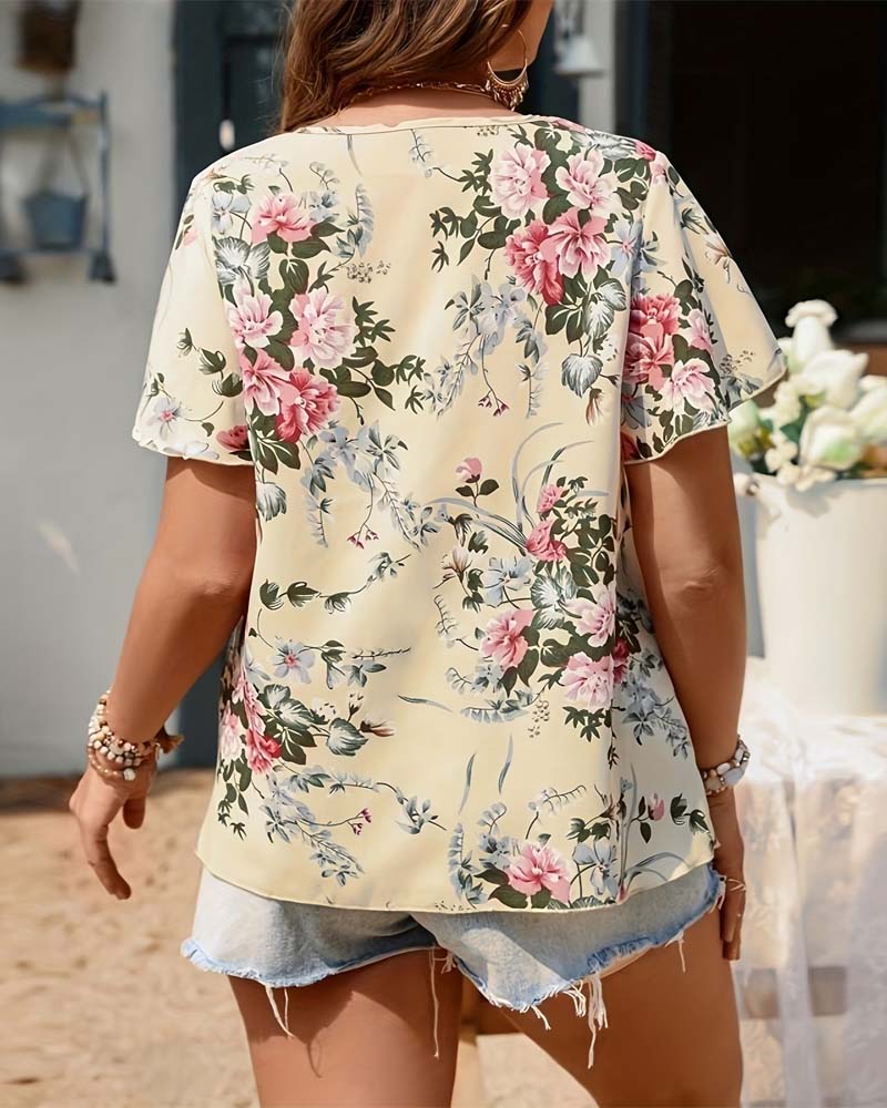 Floral Print V-Neck Short-Sleeved Blouse