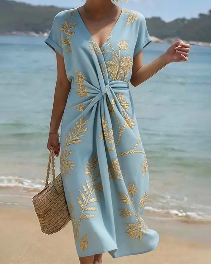 V-Neck Twist Waist Tie Dress