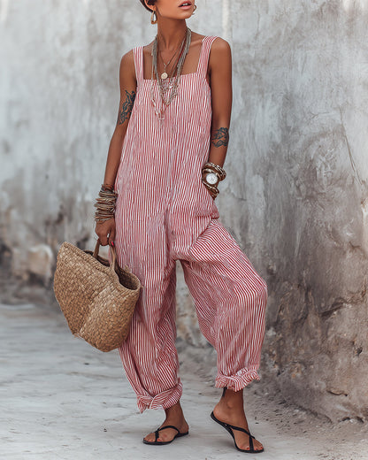 Wide Strap Striped Overalls Jumpsuit