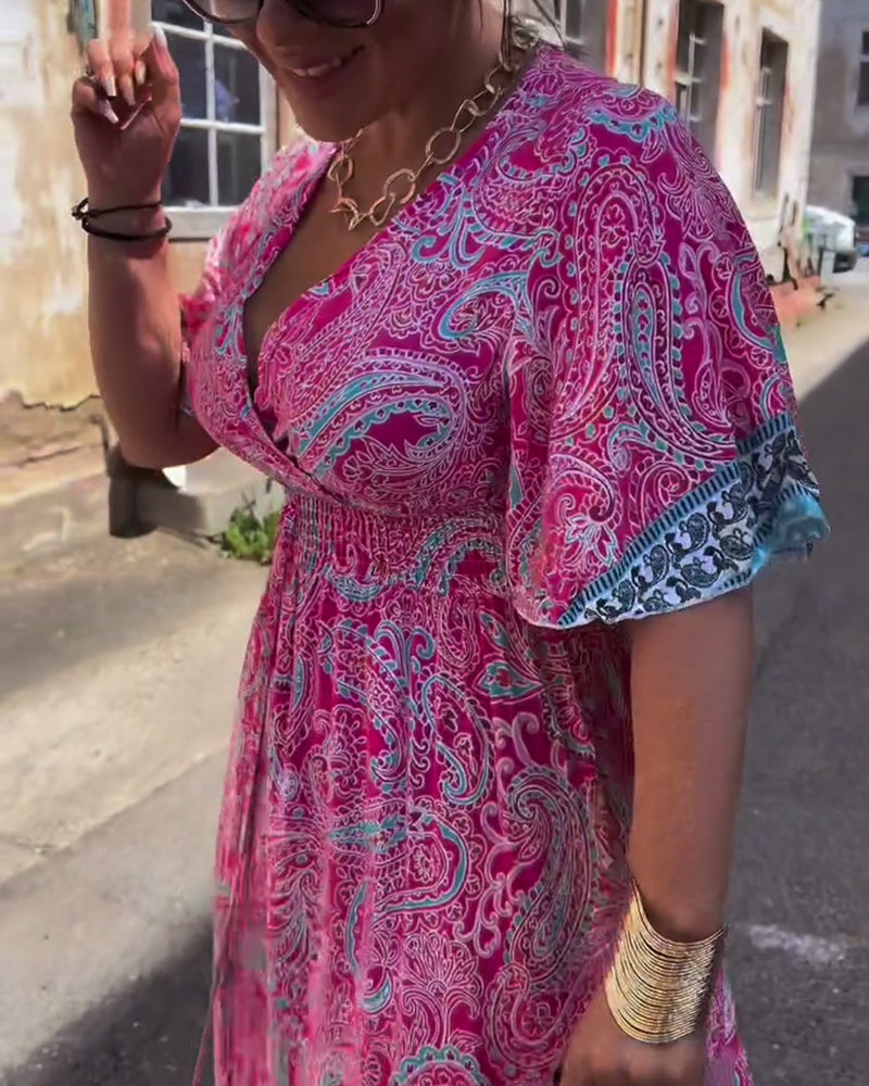 V-Neck Printed Waist Dress