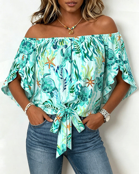 Ocean Print Off-Shoulder Tie Blouse blouses & shirts spring summer