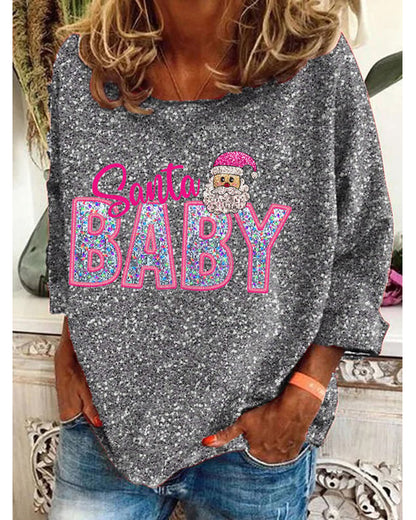 Women's Vintage Christmas Shiny Santa Baby Printed Long Sleeve Top 2024 f/w christmas hoodies & sweatshirts women's christmas