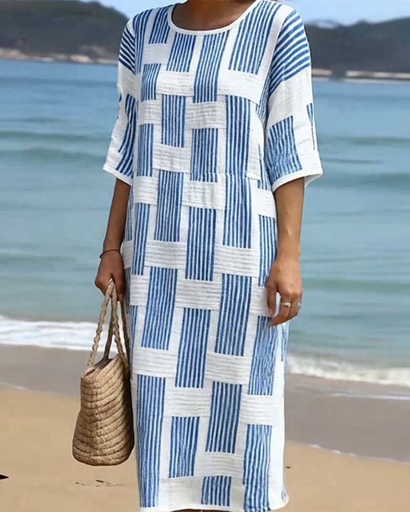 Geometric Stripe Short Sleeve Casual Dress