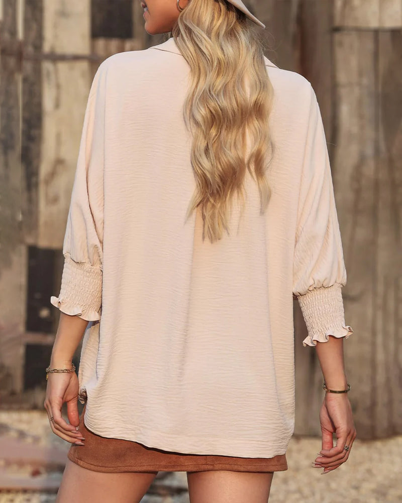 V-Neck Loose Fit Three-Quarter Sleeve Blouse