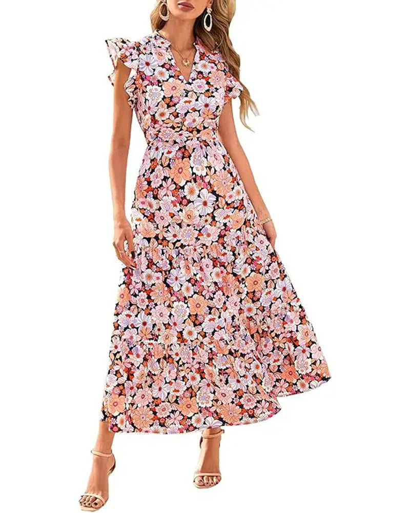 Ruffle Flutter Sleeve Floral Long Dress