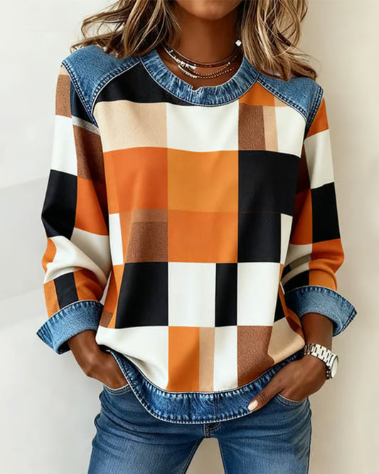 Plaid Patchwork Contrast Color Sweatshirt