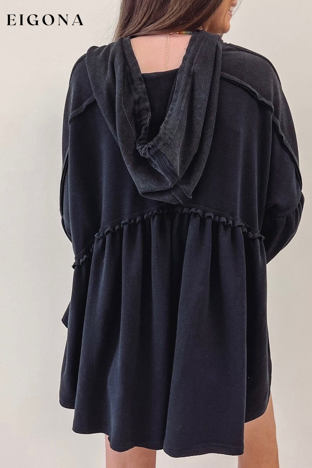 Black Oversized Ruffled High Low Hem Drop Shoulder Hoodie All In Stock clothes long sleeve top Occasion Daily Print Solid Color Season Spring Style Casual sweater sweaters top tops