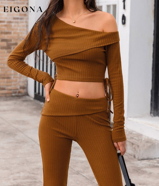 Asymmetrical Neck Ribbed Crop Top Chestnut B@H@S@D clothes crop top croptop long sleeve top Ship From Overseas Shipping Delay 09/29/2023 - 10/04/2023 ShippingDelay 09/29/2023 - 10/04/2023 trend