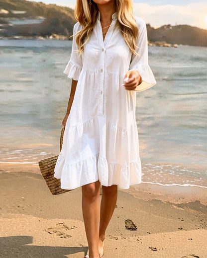 Stand Collar Button Ruffle Dress