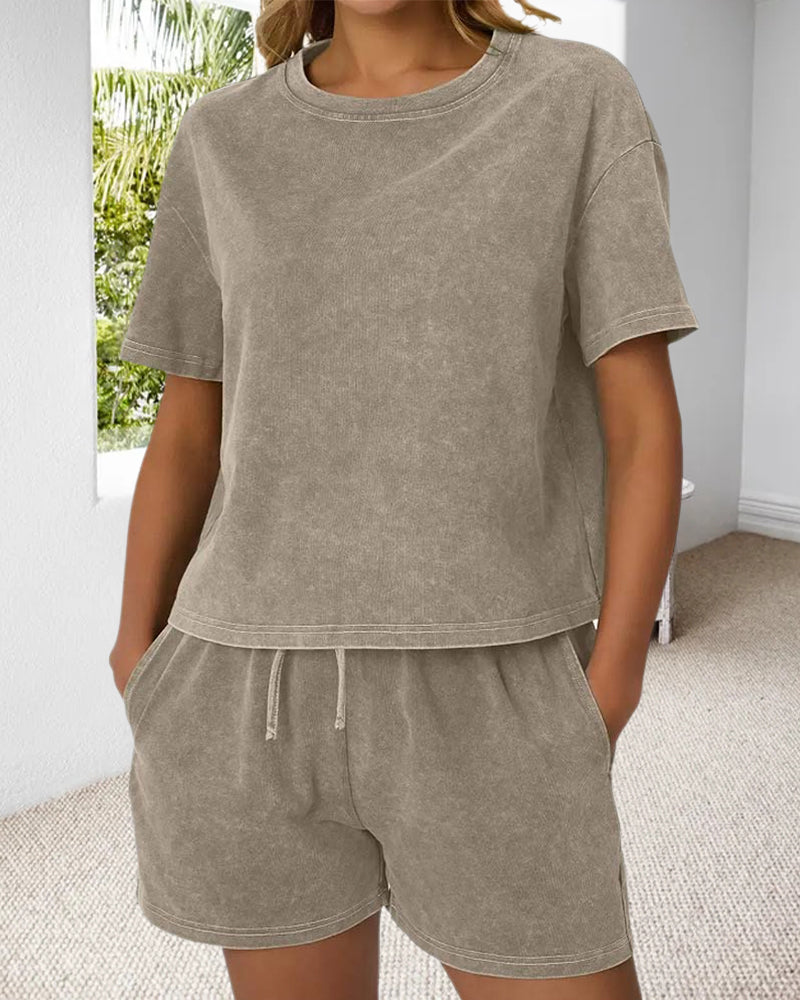 Washed Vintage Crew Neck Casual Set