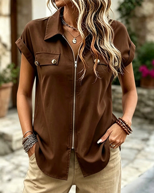 Zipper Lapel Short Sleeve Blouse blouses & shirts spring summer