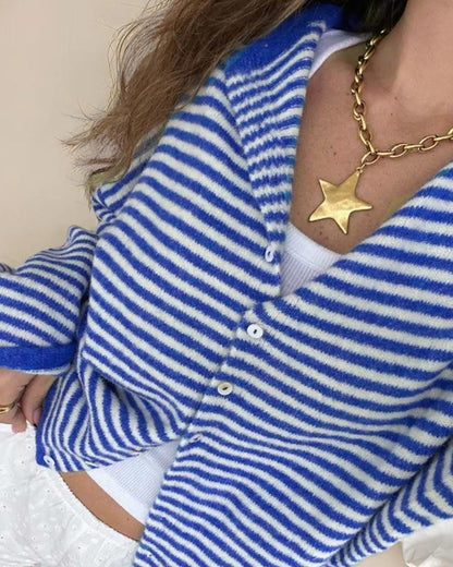 Crew Neck Button Front Striped Pullover