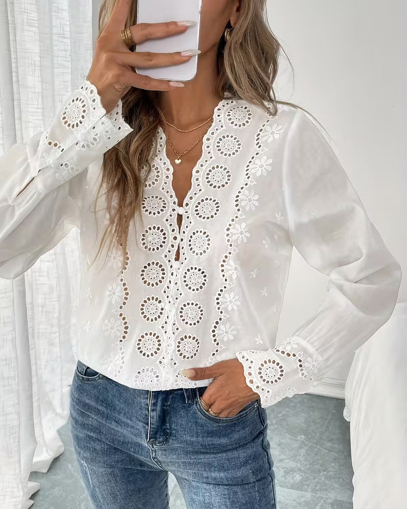 Elegant V-Neck Hollow Blouse