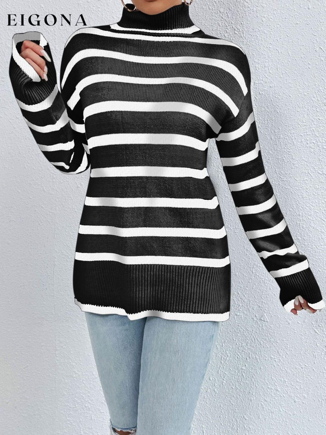 Striped Turtleneck Drop Shoulder Sweater clothes long sleeve shirt Ship From Overseas striped sweater sweater Yh