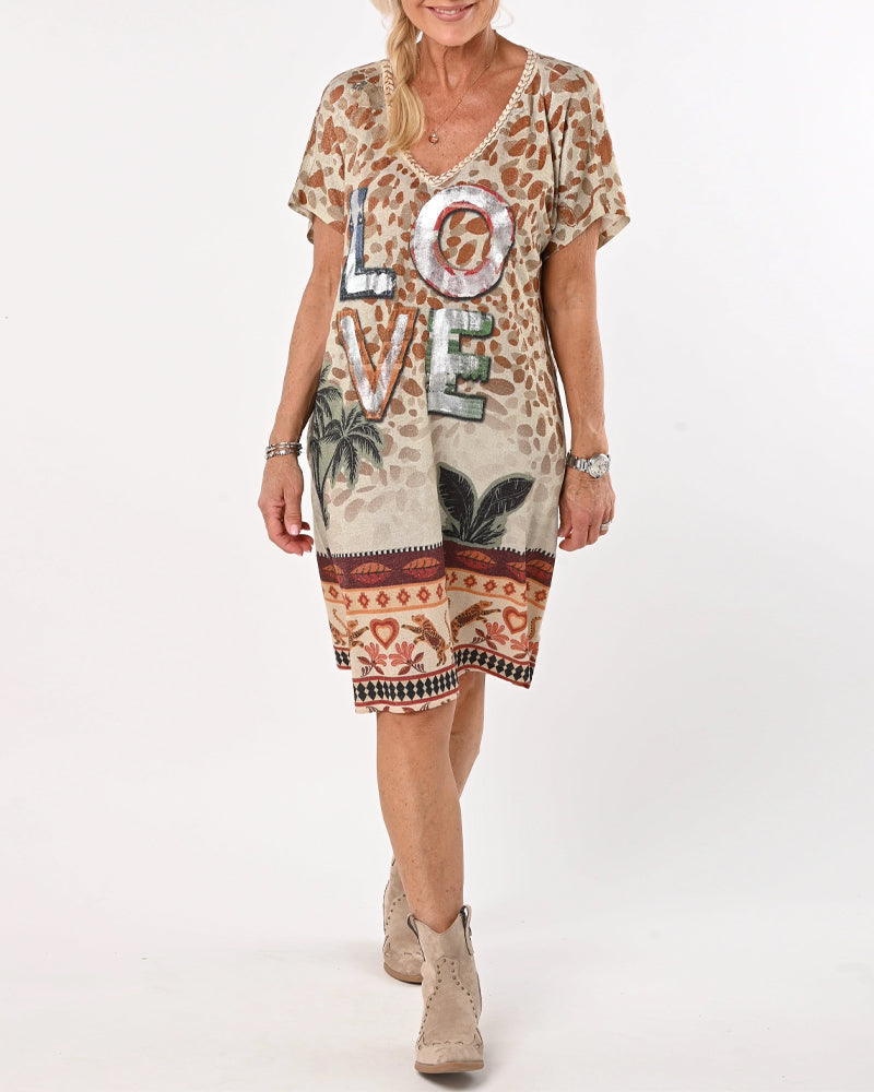 Bedrucktes, lockeres, modisches Kleid mit V-Ausschnitt