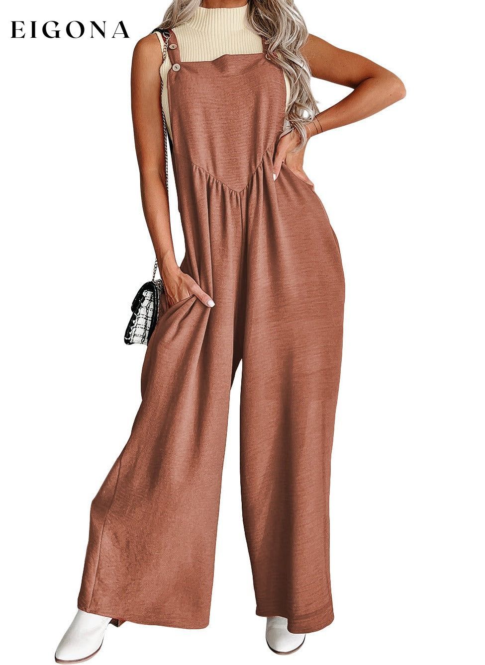 Gold Flame Textured Buttoned Straps Ruched Wide Leg Jumpsuit clothes JUMPSUITS & ROMPERS Rompers