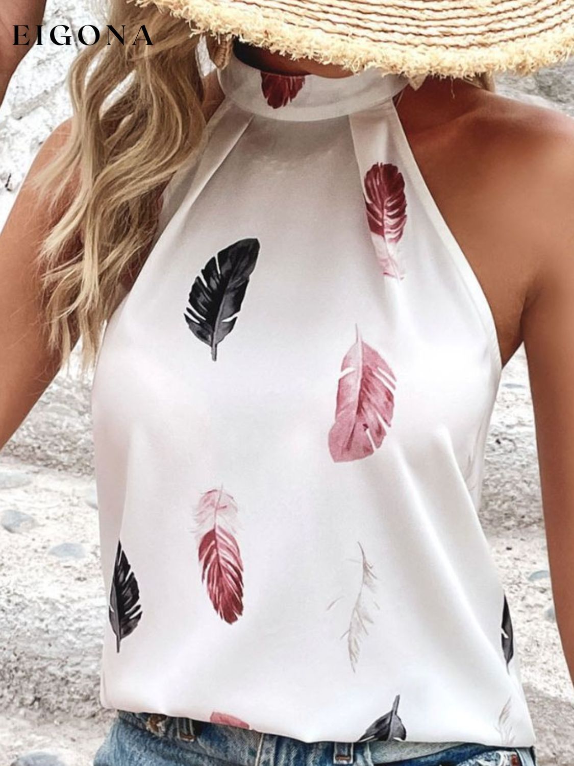 Feather Print Grecian Neck Tank White clothes O&H Ship From Overseas Shipping Delay 09/30/2023 - 10/04/2023 shirt shirts short sleeve trend