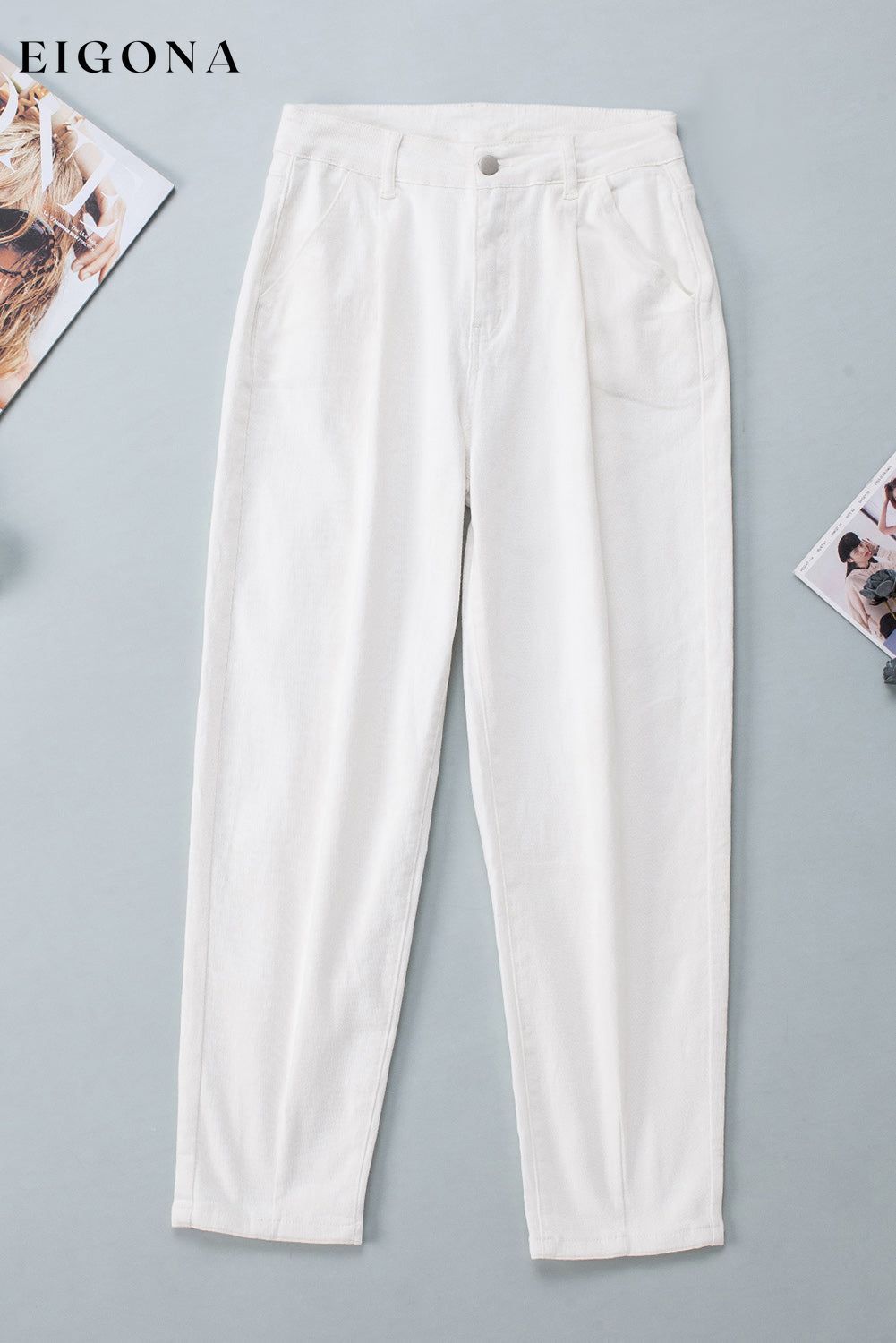 White Solid High Waist Casual Pants bottoms clothes DL Exclusive Occasion Daily pants Print Solid Color Season Spring Silhouette Wide Leg Style Modern Women's Bottoms