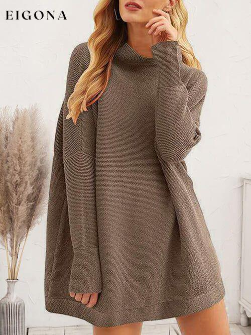 Round Neck Long Sleeve Sweater Dress Taupe casual dresses clothes D&C dresses long sleeve dresses Ship From Overseas short dresses