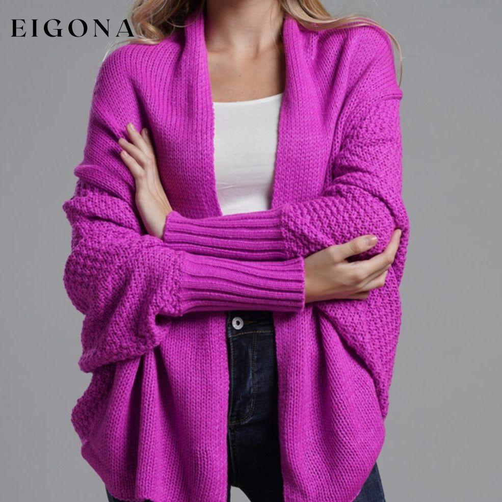Double Take Sleeve Open Front Ribbed Trim Longline Cardigan Fuchsia One Size cardigan cardigans clothes Double Take Ship From Overseas sweaters