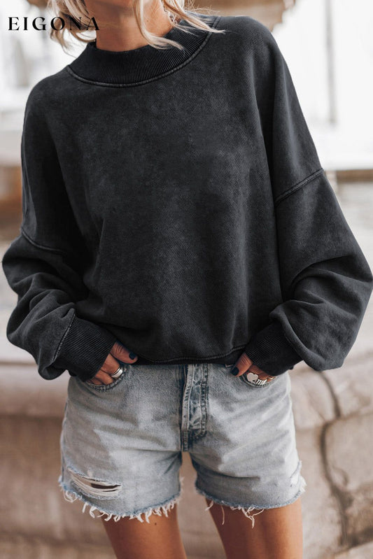 Black Drop Shoulder Crew Neck Pullover Sweatshirt Black 75%Polyester+25%Cotton All In Stock Best Sellers clothes Craft Washed EDM Monthly Recomend Hot picks Occasion Daily Print Solid Color Season Winter Style Casual Sweater sweaters Sweatshirt