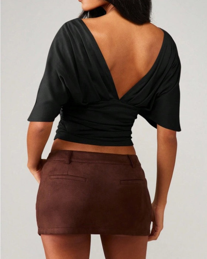 V-Neck Batwing Sleeve Waist Tie Top