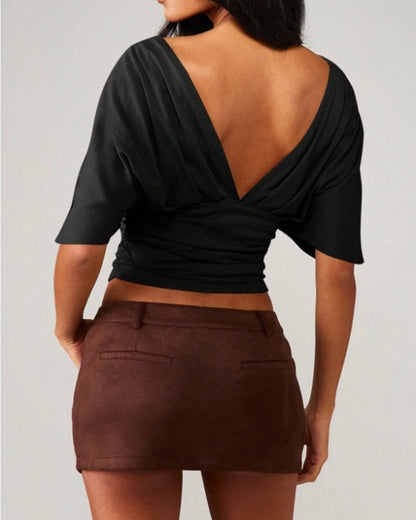 V-Neck Batwing Sleeve Waist Tie Top