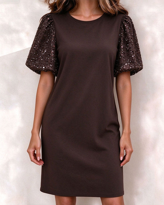 Puff Sequined Sleeve A-Line Dress
