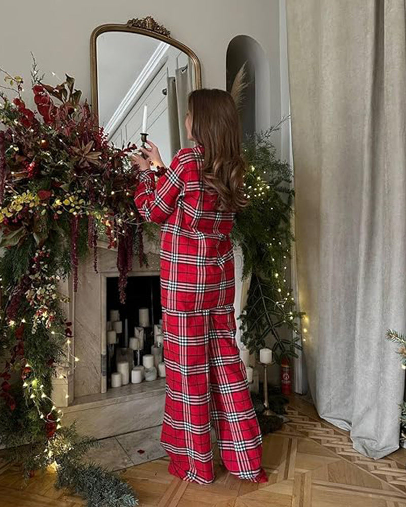 Cozy plaid long sleeve buttons lapel pajama set 2024 f/w christmas two-piece sets