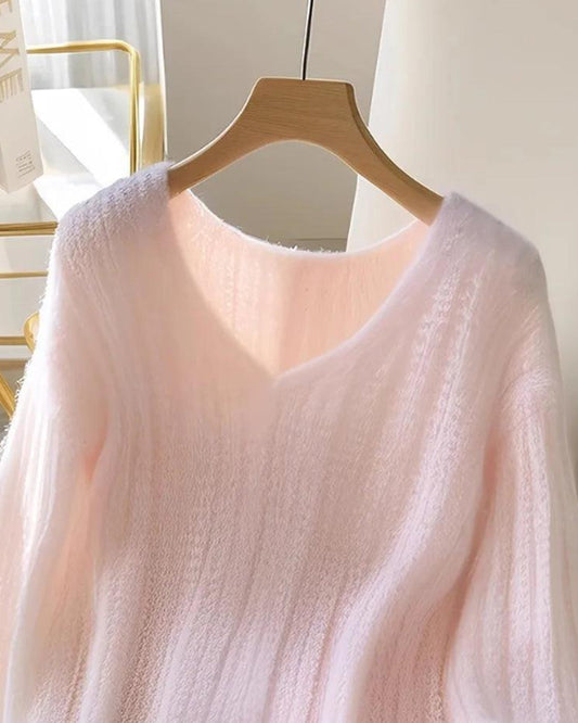 Solid Color V-Neck Elegant Jumper