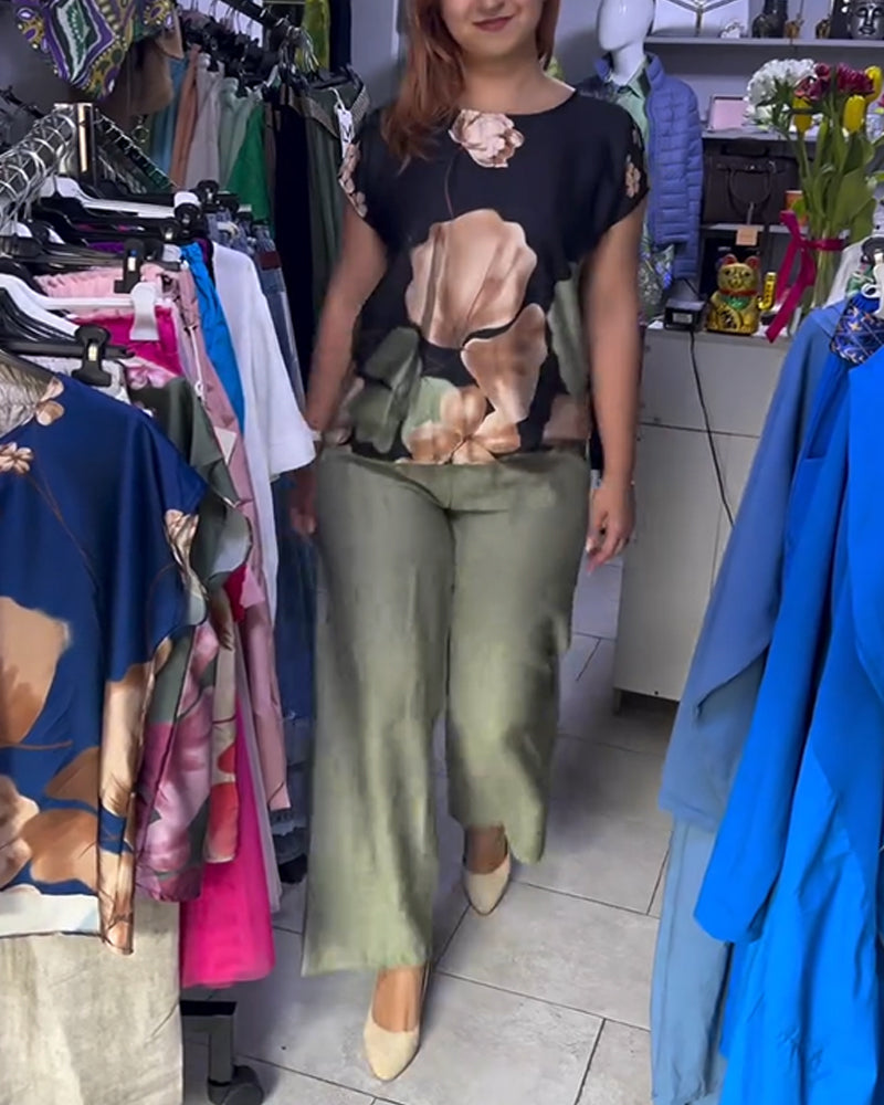 Round Neck Floral Print Short Sleeve Blouse