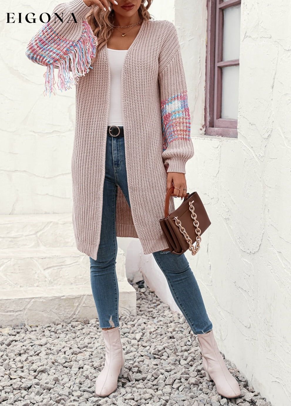 Fringe Sleeve Dropped Shoulder Cardigan cardigan clothes long sleeve M&Y Ship From Overseas top