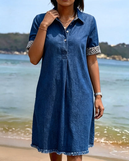 Leopard Patchwork Lapel Short Sleeve Dress