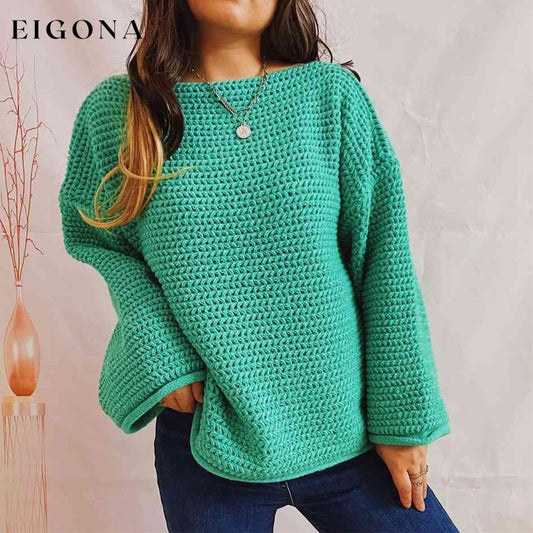Openwork Boat Neck Long Sleeve Sweater Mid Green clothes S.X Ship From Overseas sweater sweaters